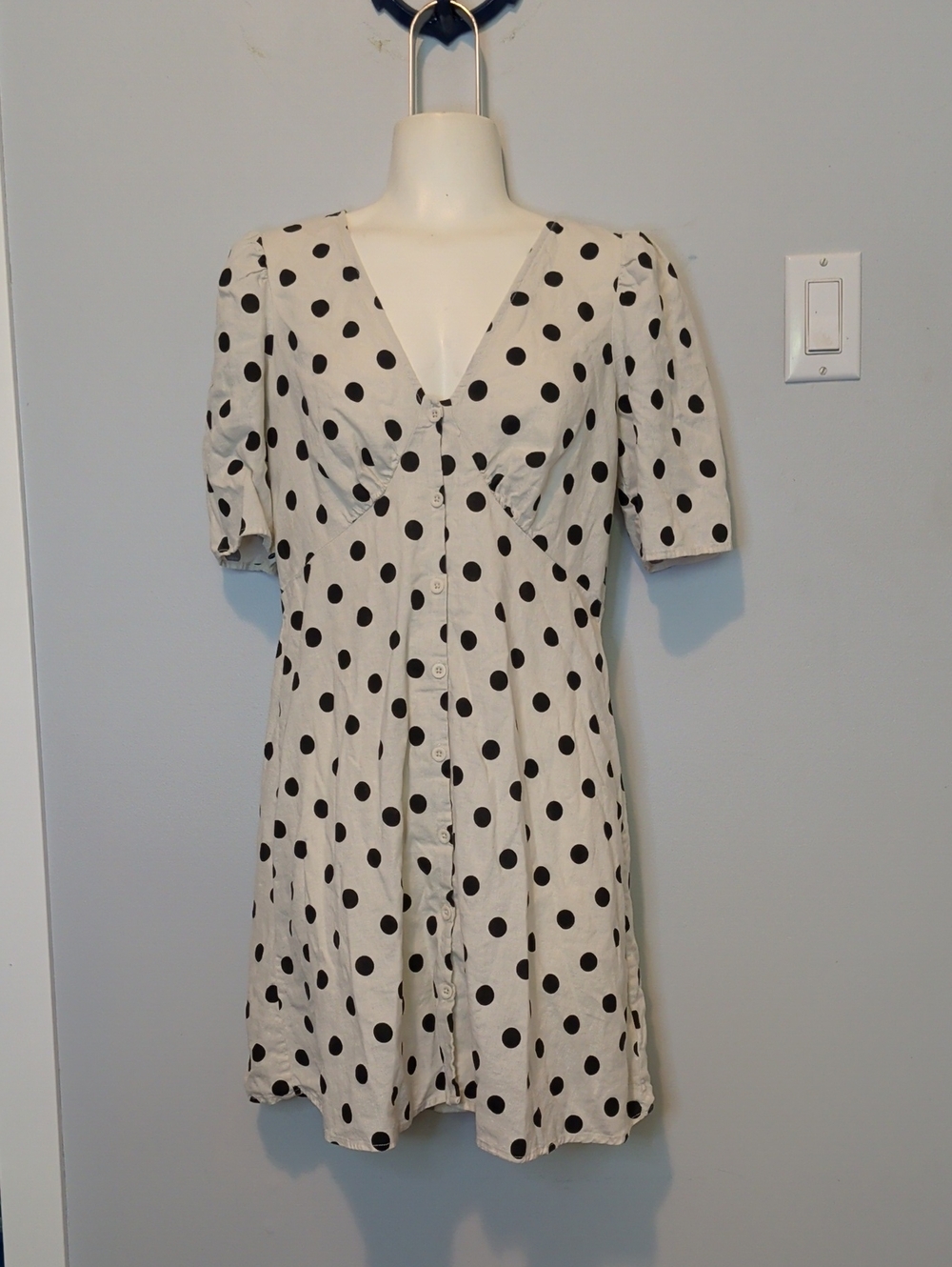 GAP Black Polka Dot Cream Button-Front Mini Linen Blend Dress